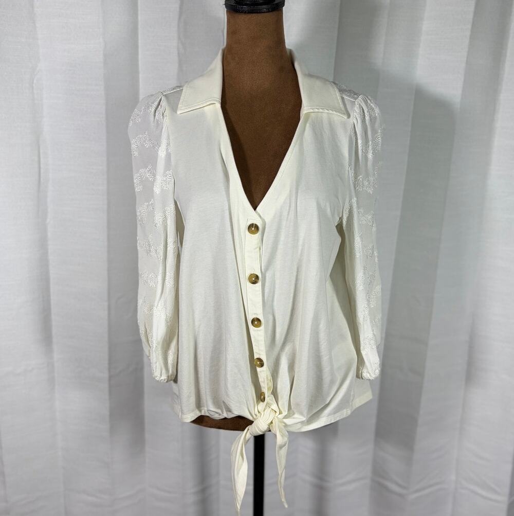 Anthropologie Vanessa Virginia Ivory Embroidered Tie Front Blouse Sz S